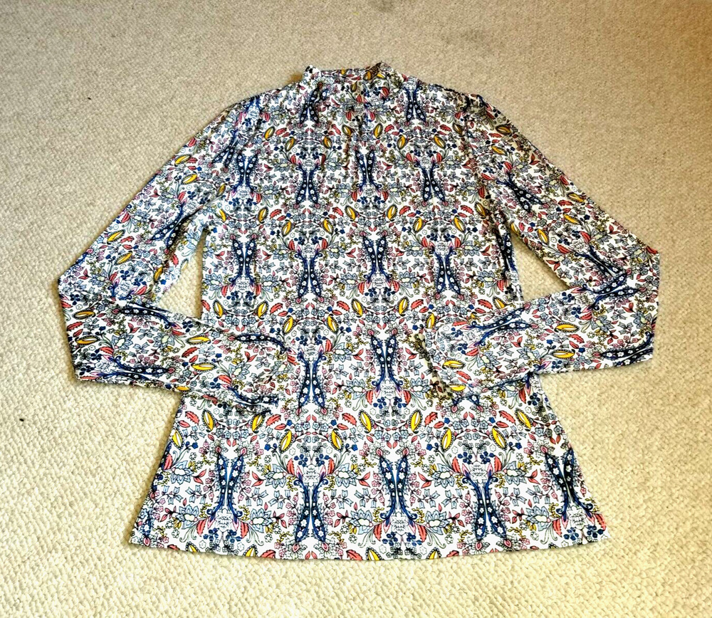 Womens Top-BODEN-white/blue/pink floral stretch knit mock neck Cottagecore ls-6